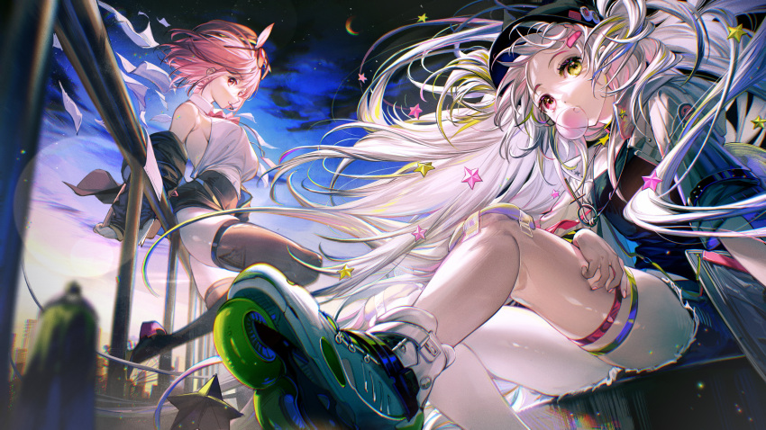 2girls absurdres banxsy_(girls'_frontline_nc) garters girls'_frontline_neural_cloud girls_frontline hair_ornament hand_on_own_thigh highres looking_at_another moon multiple_girls no_bra open_mouth pantyhose railing roller_skates rumoon skates sky star_(sky) thigh-highs white_legwear willow_(girls'_frontline_nc) zettai_ryouiki