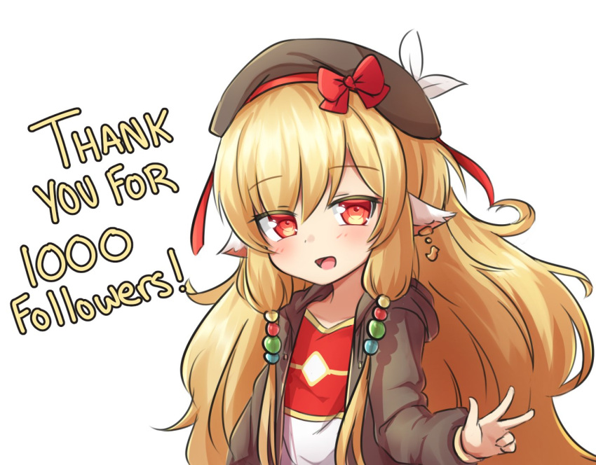 1girl animal_ears big_hair blonde_hair blush bow brown_headwear brown_jacket character_request commentary earrings english_commentary granblue_fantasy hair_bobbles hair_ornament hat hood hooded_jacket jacket jewelry klaius long_hair looking_at_viewer milestone_celebration open_clothes open_jacket red_bow red_eyes simple_background smile solo thank_you upper_body w white_background