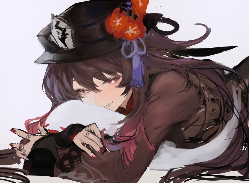 1girl absurdres brown_hair brown_shirt chinese_clothes eyebrows_visible_through_hair flower genshin_impact hat hat_flower highres hu_tao koba_(jdhikdjdkfiwufh) long_sleeves looking_at_viewer lying multiple_rings nail_polish on_stomach parted_lips red_eyes shirt simple_background smile solo white_background