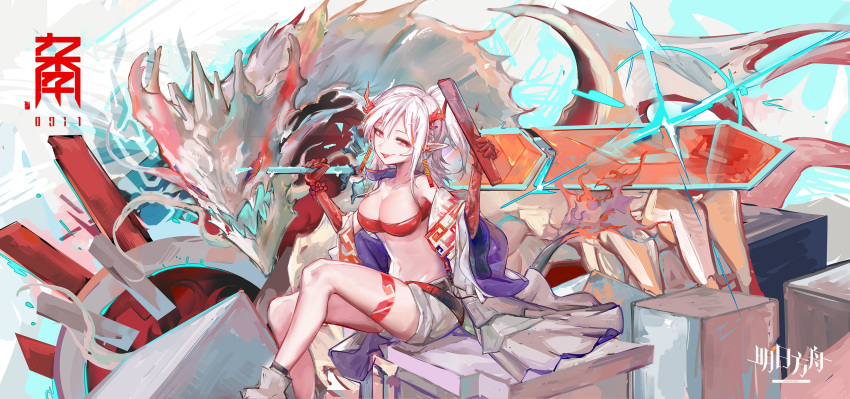 1girl 9b- arknights bracelet earrings highres holding holding_weapon horns jewelry long_hair looking_at_viewer monster nian_(arknights) pointy_ears shorts sitting solo strapless sword tongue tongue_out tube tubetop violet_eyes weapon white_hair