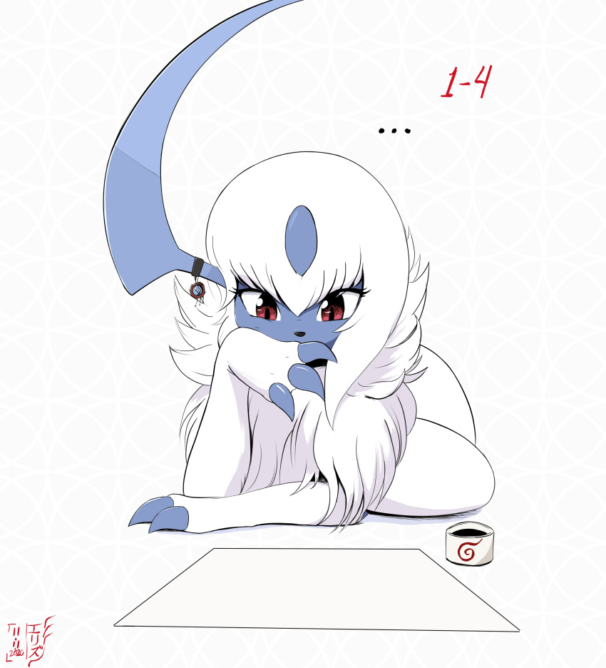 ... absol absurdres animal_focus artist_name bangs claws commentary dated english_commentary eryz fluffy gen_3_pokemon hand_up head_rest highres horn_ornament horns ink inkwell looking_down lying mega_stone number on_side paper pokemon pokemon_(creature) red_eyes short_hair signature simple_background solo white_background white_hair