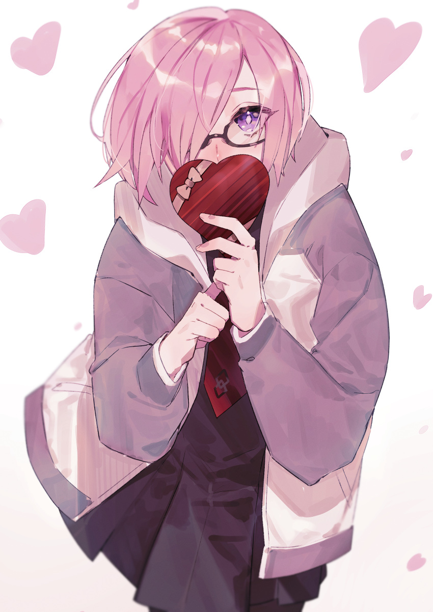 1girl absurdres black-framed_eyewear black_dress black_legwear bow box covering_mouth cowboy_shot dress fate/grand_order fate_(series) glasses heart heart-shaped_box heart_background highres holding holding_box hood hood_down hooded_jacket huge_filesize jacket leaning_forward long_sleeves looking_at_viewer mash_kyrielight necktie open_clothes open_jacket pantyhose pink_bow pink_hair pleated_dress red_neckwear shiny shiny_hair short_dress short_hair solo sou_230 standing striped striped_bow violet_eyes white_background