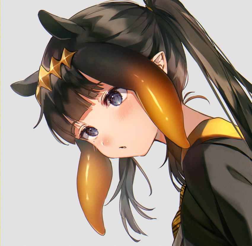 1girl :o alternate_costume bangs black_eyes black_hair blush crossover grey_background harry_potter harui_(hr_x9_) head_tilt highres hololive hololive_english hufflepuff looking_up ninomae_ina'nis open_mouth ponytail school_uniform solo tentacle_hair tied_hair virtual_youtuber