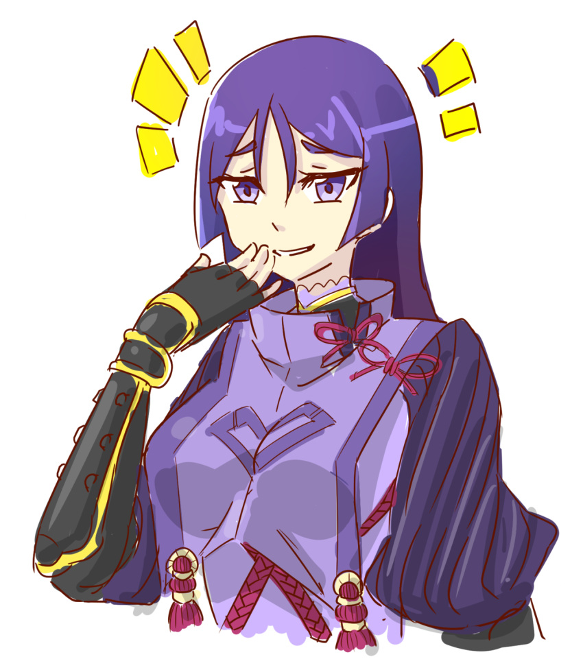 1girl black_gloves bodysuit covering_mouth fate/grand_order fate_(series) fingerless_gloves gloves hand_over_own_mouth hand_up highres klaius long_hair looking_at_viewer minamoto_no_raikou_(fate) notice_lines parted_lips puffy_short_sleeves puffy_sleeves purple_bodysuit purple_hair short_sleeves simple_background smile smug solo tabard tassel upper_body violet_eyes white_background