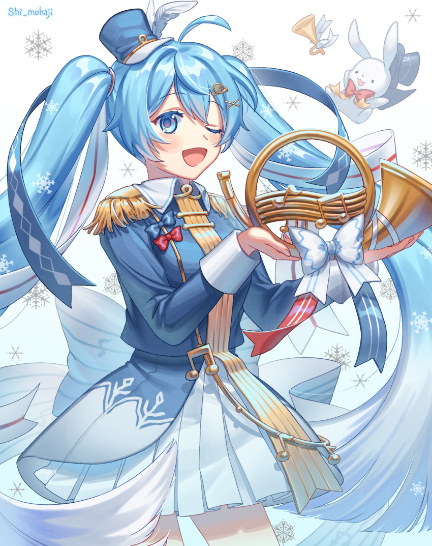 1girl ;d ahoge artist_name bangs blue_bow blue_eyes blue_hair blue_headwear blue_jacket bow cowboy_shot eyebrows_visible_through_hair floating_hair hair_between_eyes hair_ornament hat hatsune_miku highres holding holding_instrument instrument jacket long_hair long_sleeves mini_hat miniskirt one_eye_closed open_mouth pleated_skirt rabbit_yukine red_bow shi_mohaji shiny shiny_hair skirt smile snowflake_background solo standing very_long_hair vocaloid white_background white_bow white_skirt x_hair_ornament yuki_miku yuki_miku_(2020)