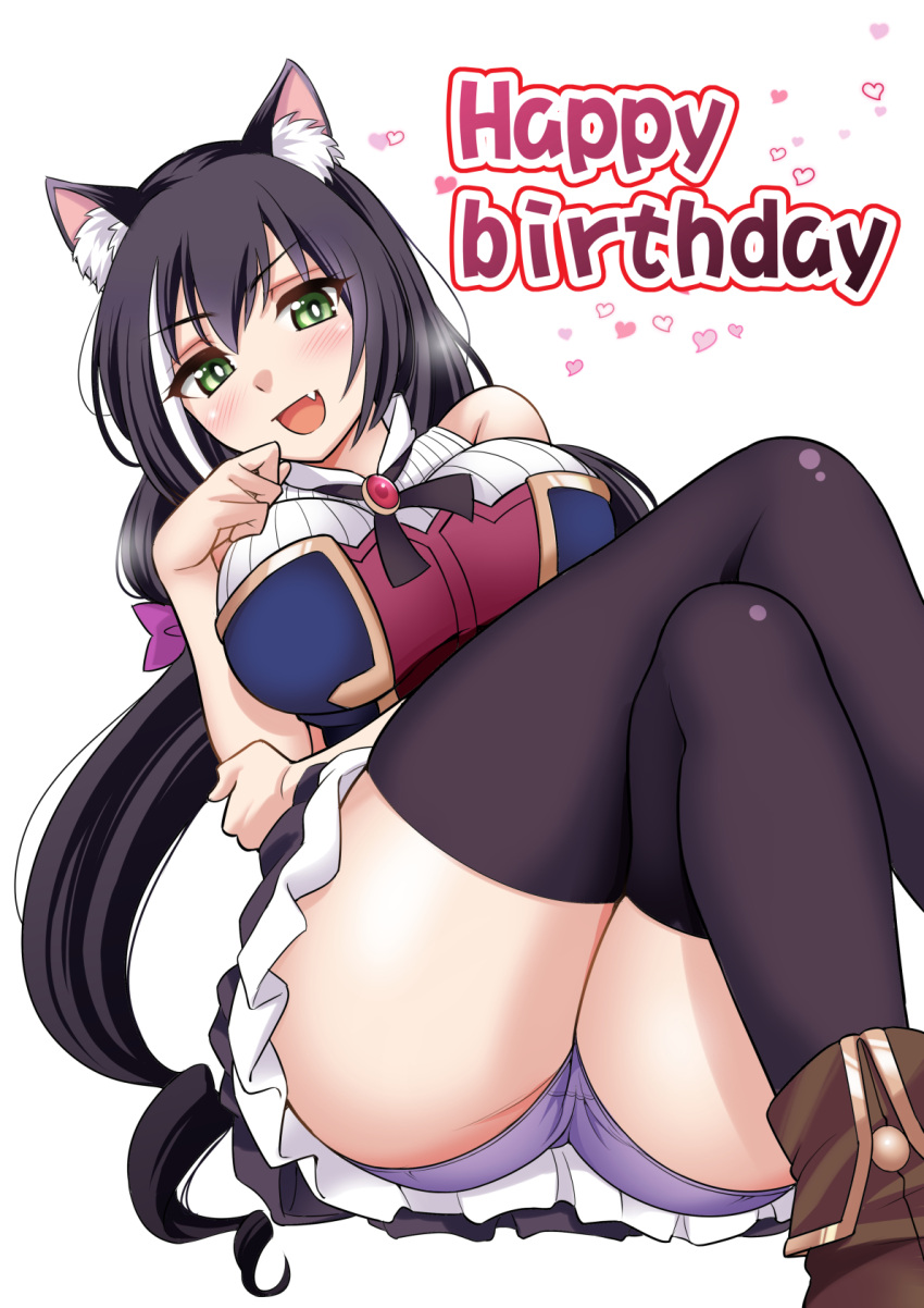 animal_ear_fluff animal_ears black_dress black_hair black_legwear black_neckwear blue_panties boots bow breasts brooch brown_footwear cat_ears cat_girl cat_tail crossed_legs crotch_seam dress english_text eyebrows_visible_through_hair fang floating green_eyes hair_bow happy_birthday heart highres jewelry karyl_(princess_connect!) large_breasts leaning_to_the_side low_twintails multicolored_hair neck_ribbon panties princess_connect! princess_connect!_re:dive purple_bow ribbon shikigami_kuroko short_dress sleeveless sleeveless_dress tail thigh-highs twintails underwear white_background white_hair