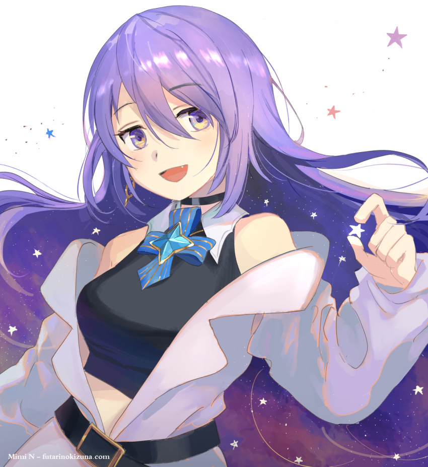 1girl artist_name bangs bare_shoulders black_choker blonde_hair breasts choker colored_inner_hair commentary eyebrows_visible_through_hair fang hair_between_eyes highres hololive hololive_indonesia jacket looking_at_viewer mimi_n moona_hoshinova multicolored_hair off_shoulder official_art open_mouth purple_hair solo violet_eyes virtual_youtuber white_background white_jacket