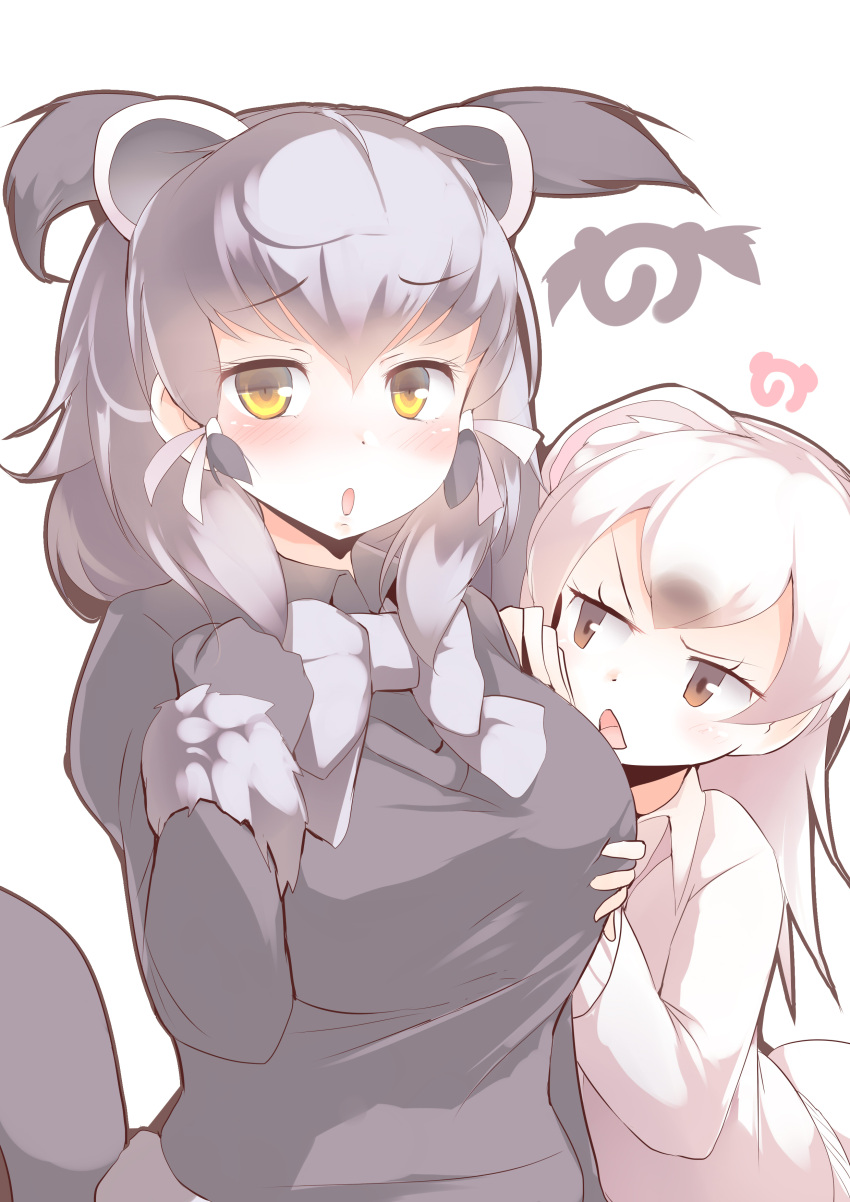 2girls absurdres animal_ears binturong_(kemono_friends) black_gloves black_hair black_shirt black_sweater blush bow bowtie breasts brown_eyes collared_shirt commentary_request dress_shirt eyebrows_visible_through_hair fur-trimmed_sleeves fur-trimmed_sweater fur_trim gloves grey_bow grey_neckwear hair_between_eyes hand_on_own_chest hands_on_another's_chest highres kanzakietc kemono_friends large_breasts long_hair long_sleeves looking_at_another looking_at_viewer multiple_girls open_mouth shirt stoat_(kemono_friends) sweater tail upper_body white_background white_hair white_shirt white_sweater yellow_eyes