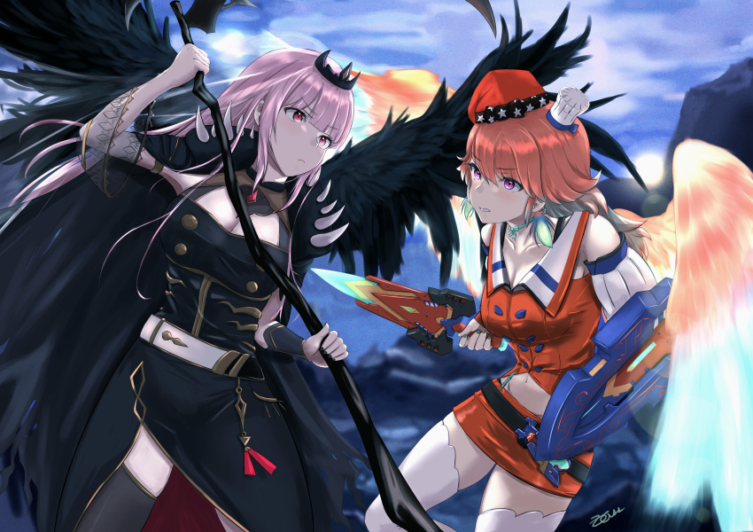 2girls absurdres aqua_hair black_dress black_legwear black_wings dress feathered_wings fighting flying highres holding holding_weapon hololive hololive_english huge_filesize knife mori_calliope multicolored_hair multiple_girls orange_hair pink_hair scythe takanashi_kiara tiara violet_eyes virtual_youtuber weapon white_legwear wings zeiss