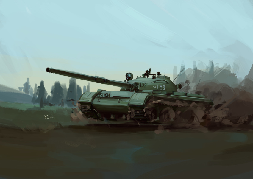 absurdres artist_name dust ground_vehicle highres jun_zt military military_vehicle motor_vehicle no_humans original skyline solo t-62 tank tank_focus tank_turret vehicle_focus