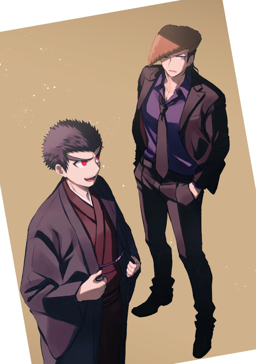 2boys alternate_costume bangs black_footwear black_hair black_jacket black_neckwear black_pants blue_eyes blue_shirt brown_background brown_hair collarbone collared_shirt commentary_request dangan_ronpa:_trigger_happy_havoc dangan_ronpa_(series) hands_in_pockets highres ishimaru_kiyotaka jacket japanese_clothes kimono long_sleeves looking_at_another male_focus mizukura_ion multiple_boys necktie oowada_mondo pants pompadour red_eyes shirt short_hair smile spiky_hair standing violet_eyes white_background