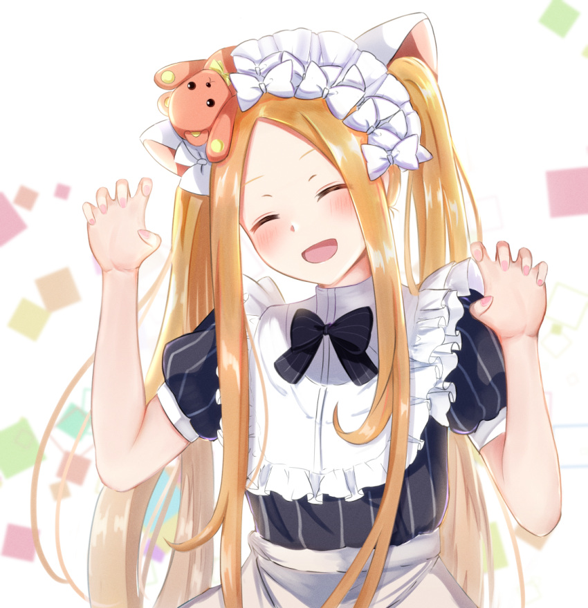 1girl :d abigail_williams_(fate) animal_ears apron arm_up bangs black_bow black_dress blonde_hair blush bow bowtie cat_ears claw_pose closed_eyes collar commentary_request dress fake_animal_ears fate/grand_order fate_(series) fingernails frilled_collar frills gao_kawa hair_bow hand_up long_hair maid_headdress multiple_hair_bows nail_polish object_on_head open_mouth parted_bangs pink_nails puffy_short_sleeves puffy_sleeves short_sleeves smile solo stuffed_animal stuffed_toy teddy_bear twintails very_long_hair waist_apron white_bow white_collar