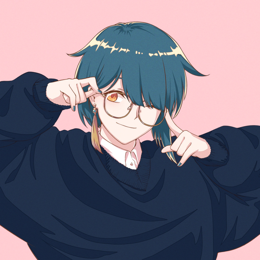 1boy blue_hair blue_nails brill_p closed_mouth collared_shirt earrings genshin_impact glasses highres holding holding_eyewear jewelry long_sleeves looking_at_viewer male_focus nail_polish one_eye_closed pink_background shirt simple_background single_earring smile solo sweater tassel tassel_earrings xingqiu_(genshin_impact) yellow_eyes
