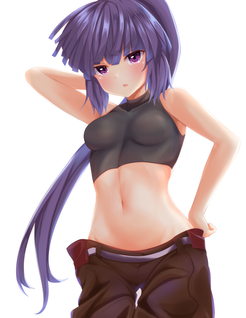 1girl akatsuki_(log_horizon) arm_up backlighting bangs black_pants blush breasts breasts_apart crop_top eyebrows_visible_through_hair floating_hair groin hair_between_eyes hand_on_hip highres hureemu log_horizon long_hair lowleg lowleg_pants midriff navel open_mouth pants ponytail purple_hair shiny shiny_hair simple_background small_breasts solo standing stomach thigh_gap very_long_hair violet_eyes white_background
