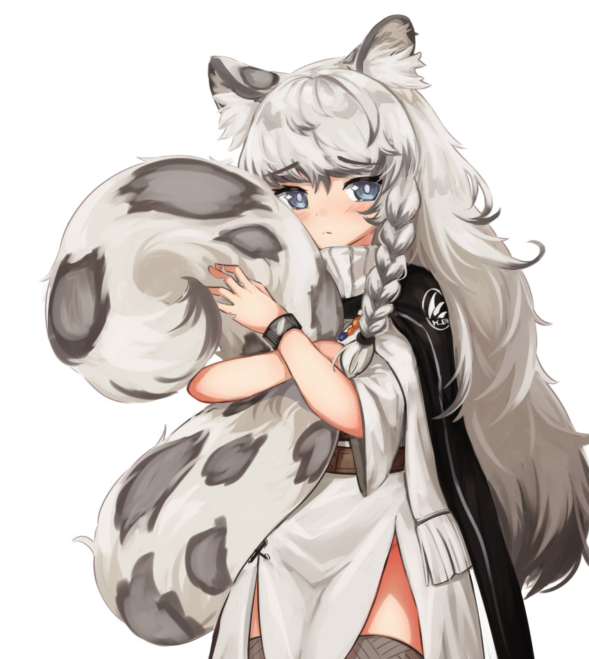 1girl absurdres animal_ears animal_print arknights belt black_cape blue_eyes blush braid bright_pupils brown_belt cape closed_mouth commentary cowboy_shot dot_nose dress english_commentary grey_hair highres klaius leopard_ears leopard_print leopard_tail long_hair long_tail looking_at_viewer pramanix_(arknights) side_braid simple_background solo standing tail tail_hug thigh-highs white_background white_dress white_pupils wristband