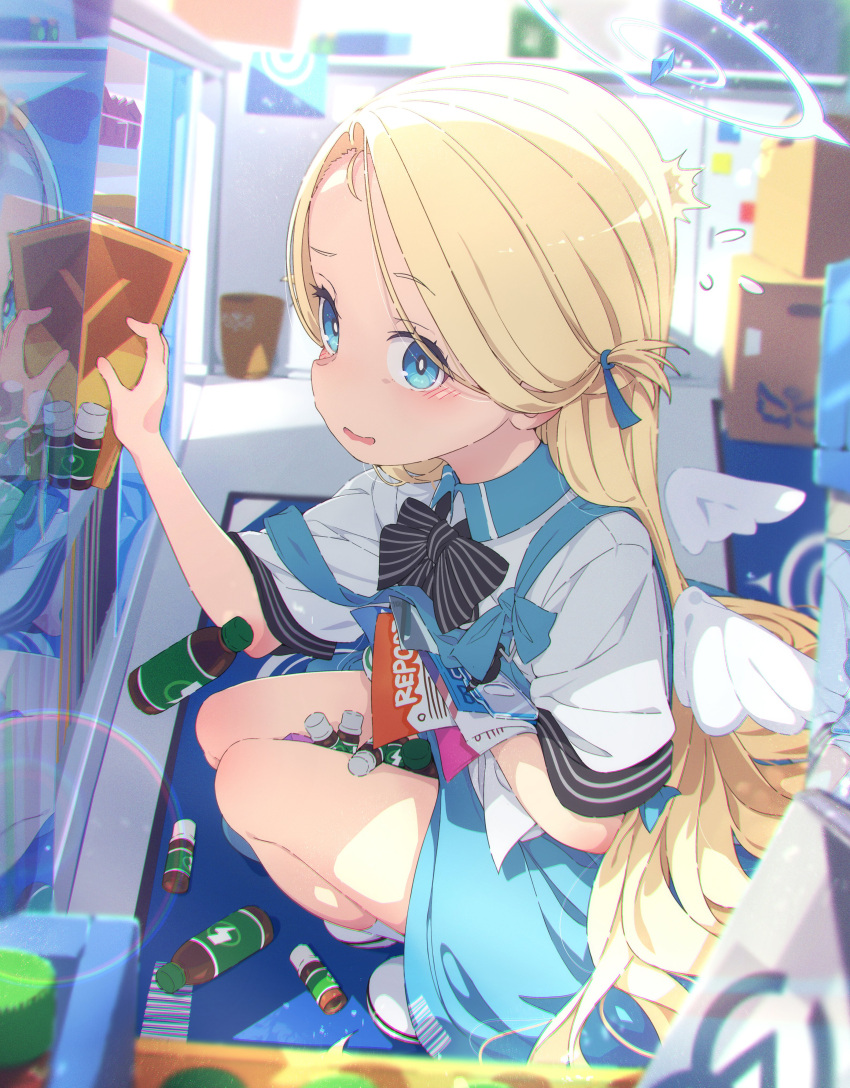 1girl absurdres angel_wings apron black_neckwear blonde_hair blue_apron blue_archive blue_eyes blush bottle bow bowtie box cardboard_box employee_uniform energy_drink forehead hair_ribbon halo highres holding indoors long_hair looking_at_viewer ogipote open_mouth ribbon shirt short_sleeves solo sora_(blue_archive) squatting twintails two_side_up uniform white_shirt wings