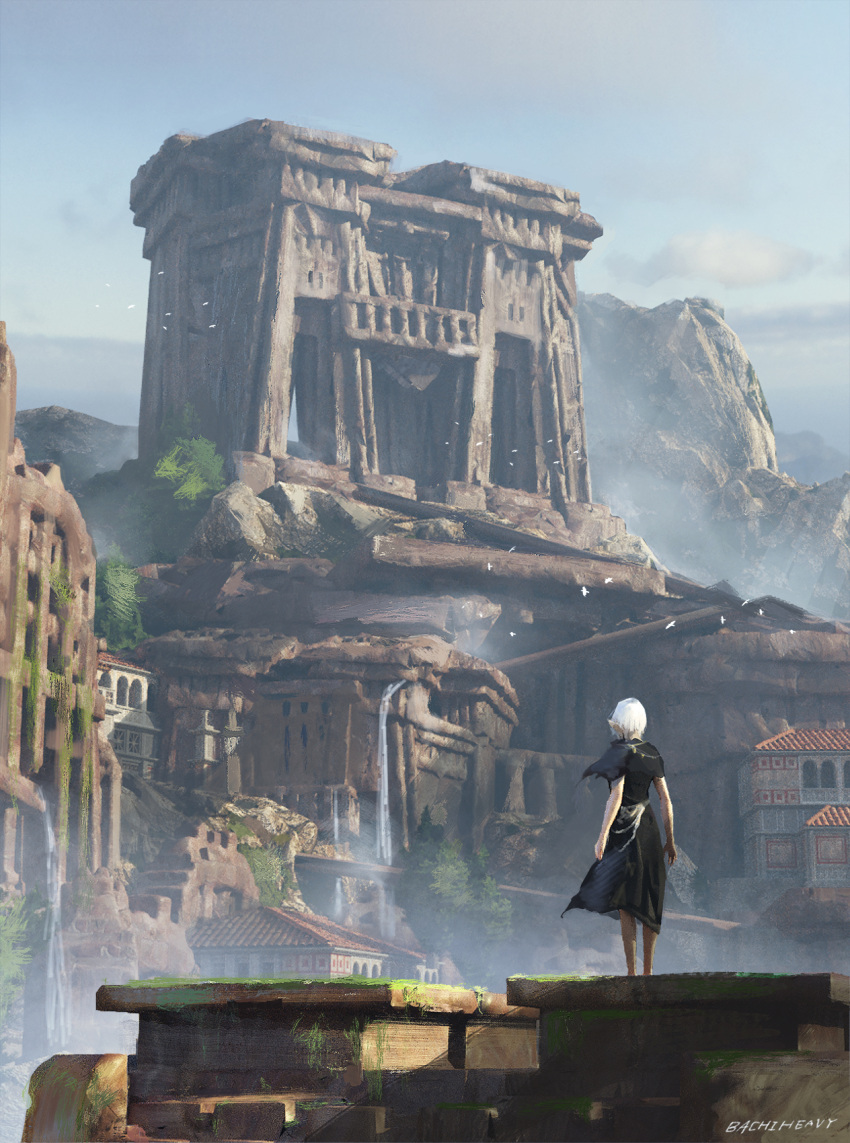 1girl artist_name bird black_dress building clouds dress fantasy fog from_behind grass highres maddoze moss original outdoors scenery short_hair solo standing stone_building tile_roof water white_hair