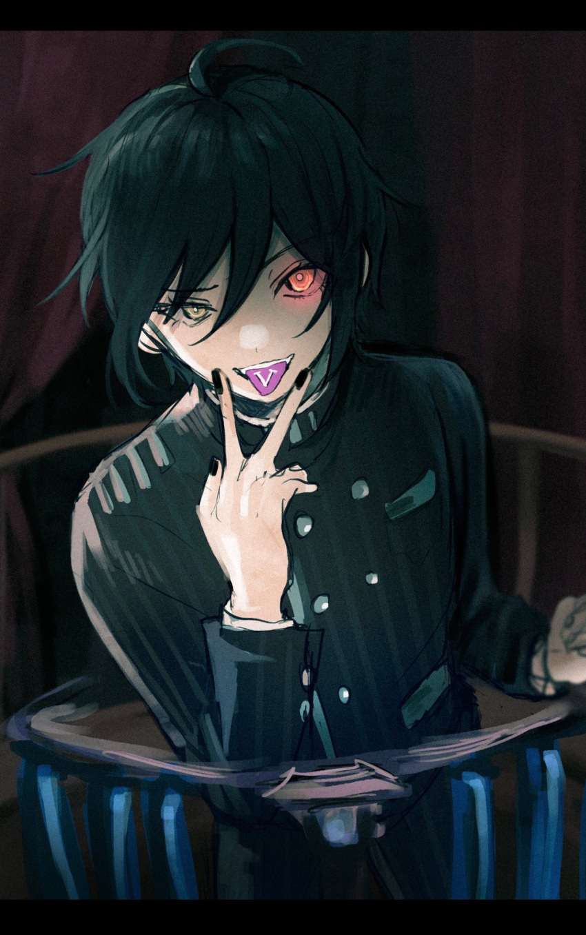 1boy ahoge bangs black_hair black_jacket black_nails breast_pocket brown_hair commentary_request dangan_ronpa_(series) dangan_ronpa_v3:_killing_harmony dark_persona double-breasted gakuran glowing glowing_eyes hand_up highres jacket long_sleeves looking_at_viewer male_focus nokoru_sora open_mouth pocket saihara_shuuichi school_uniform short_hair solo striped_jacket tongue tongue_out upper_body v v_over_mouth