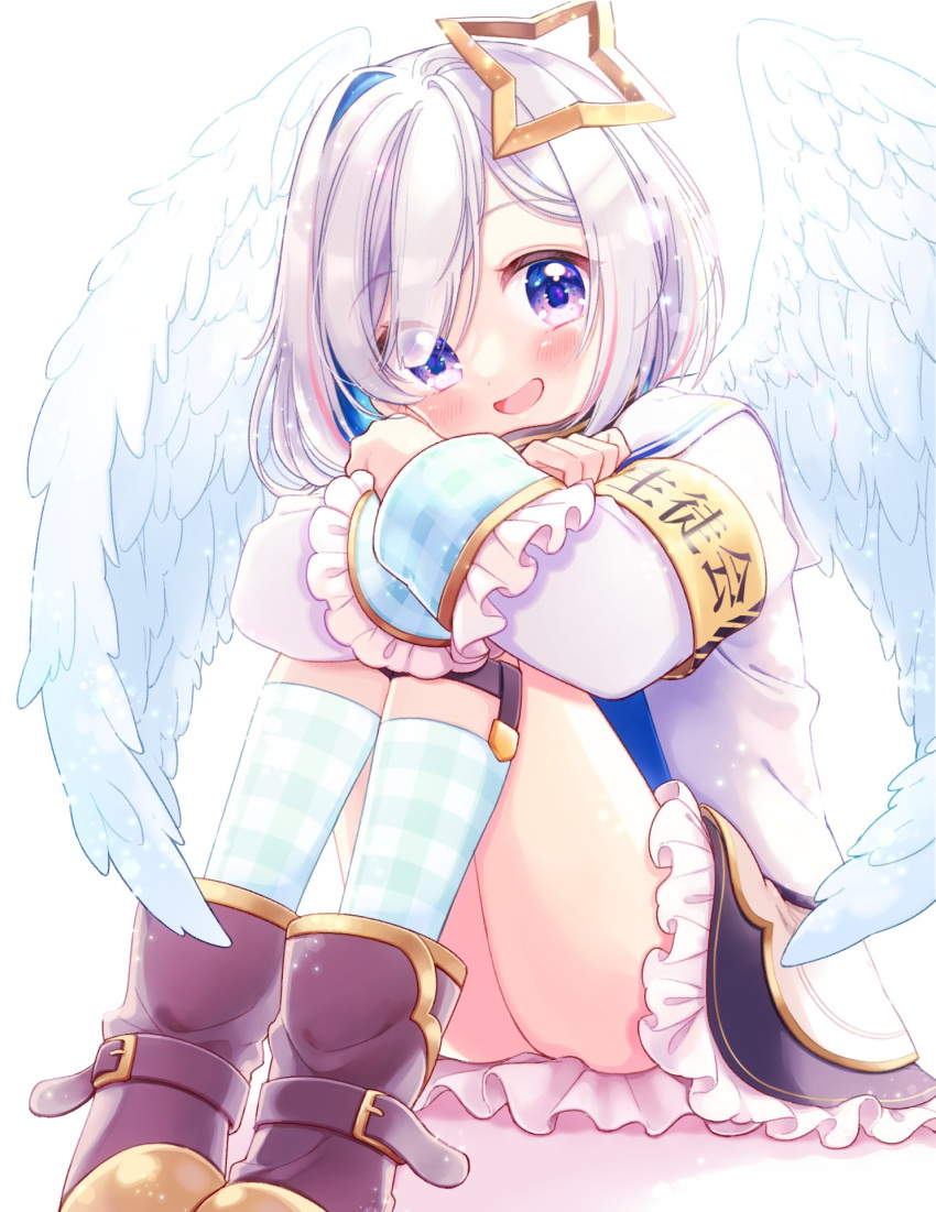 1girl :d amane_kanata angel_wings artist_request commentary_request eyebrows_visible_through_hair eyes_visible_through_hair full_body highres hololive looking_at_viewer open_mouth simple_background sitting smile solo virtual_youtuber white_background wings