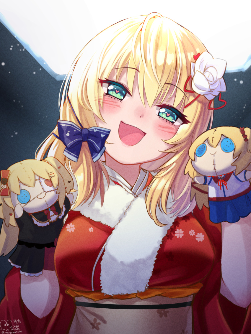 1girl akai_haato aqua_eyes blonde_hair blue_ribbon blush breasts character_doll hair_ribbon hand_puppet head_tilt heart heart-shaped_pupils highres hololive japanese_clothes kimono large_breasts long_hair magowasabi open_mouth puppet red_kimono ribbon smile solo symbol-shaped_pupils virtual_youtuber