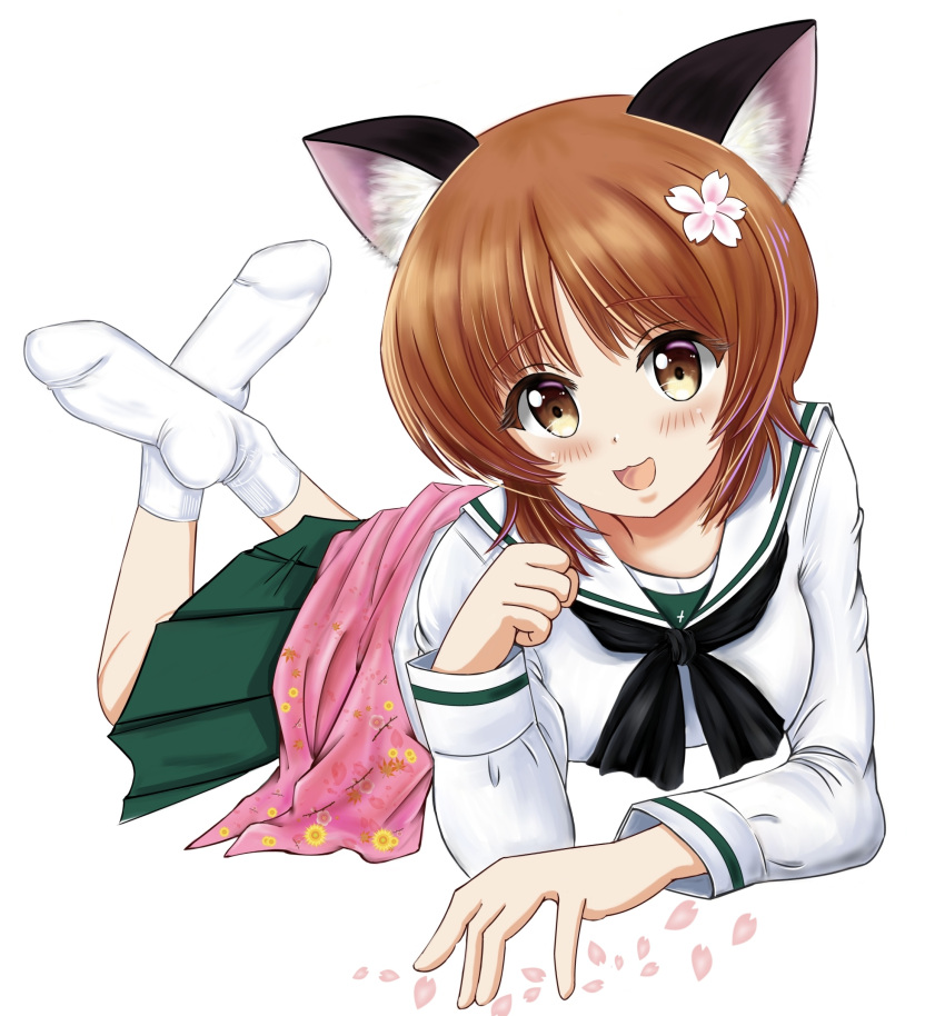 1girl :3 absurdres animal_ears bangs black_neckwear blouse brown_eyes brown_hair cat_day cat_ears cherry_blossoms commentary crossed_ankles eyebrows_visible_through_hair flower girls_und_panzer hair_flower hair_ornament highres kemonomimi_mode long_sleeves looking_at_viewer lying miniskirt neckerchief nishizumi_miho no_shoes on_stomach ooarai_school_uniform open_mouth paw_pose petals pleated_skirt sailor_collar school_uniform serafuku short_hair simple_background skirt smile socks solo white_background white_blouse white_legwear white_sailor_collar zaofeng