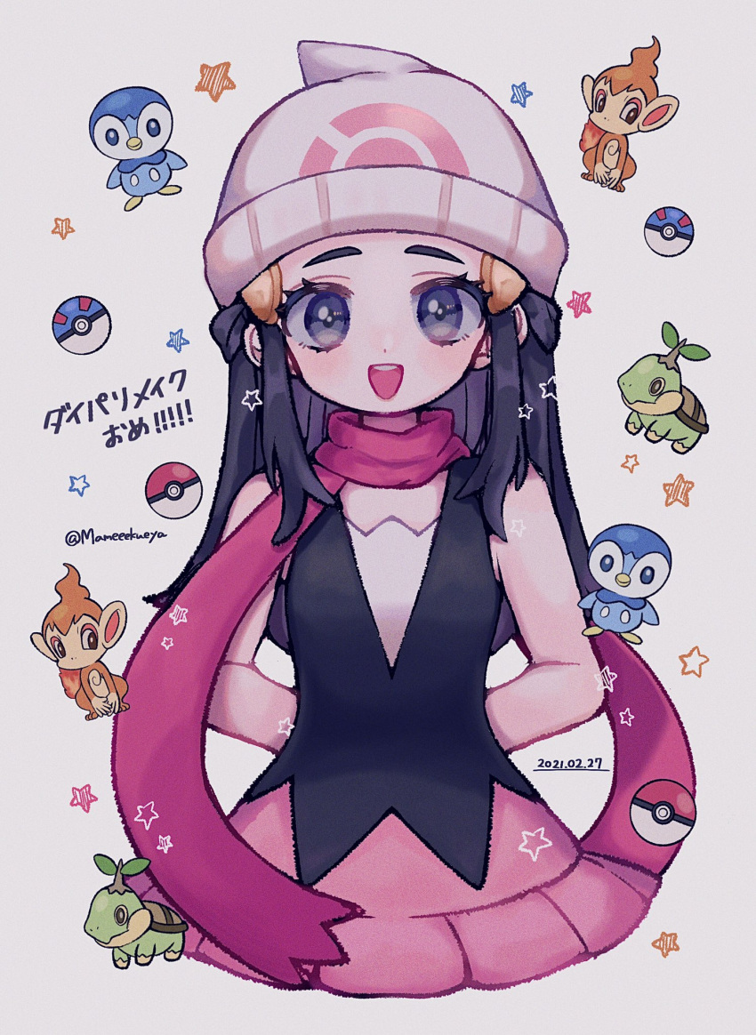 1girl :d arms_behind_back artist_name bangs beanie blue_eyes blush chimchar commentary_request cropped_torso dated hikari_(pokemon) gen_4_pokemon hair_ornament hat highres long_hair looking_at_viewer mameeekueya open_mouth pink_scarf piplup poke_ball poke_ball_(basic) pokemon pokemon_(creature) pokemon_(game) pokemon_dppt scarf smile star_(symbol) star_print turtwig upper_teeth white_headwear