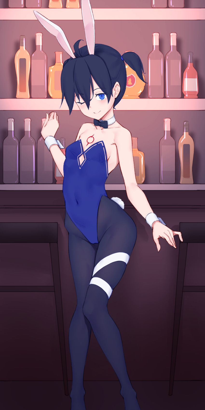1girl ;) animal_ears bangs bare_shoulders black_hair black_legwear black_neckwear blue_eyes blue_leotard bow bowtie breasts bunny_tail closed_mouth collarbone commentary_request covered_navel eyebrows_visible_through_hair feet_out_of_frame hair_between_eyes highres honkai_(series) honkai_impact_3rd indoors jilu leotard long_legs one_eye_closed pantyhose playboy_bunny rabbit_ears seele_vollerei side_ponytail small_breasts smile solo standing strapless strapless_leotard tail wrist_cuffs