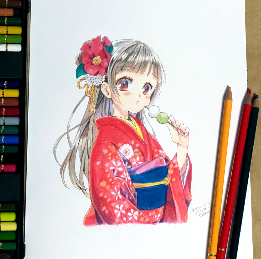 1girl absurdres bangs brown_hair colored_pencil_(medium) dango dated eating eyebrows_visible_through_hair floral_print flower food hair_flower hair_ornament highres japanese_clothes kimono leaf long_hair looking_at_viewer mojacookie original photo_(medium) print_kimono red_eyes red_flower red_kimono signature simple_background solo traditional_media wagashi white_background white_flower
