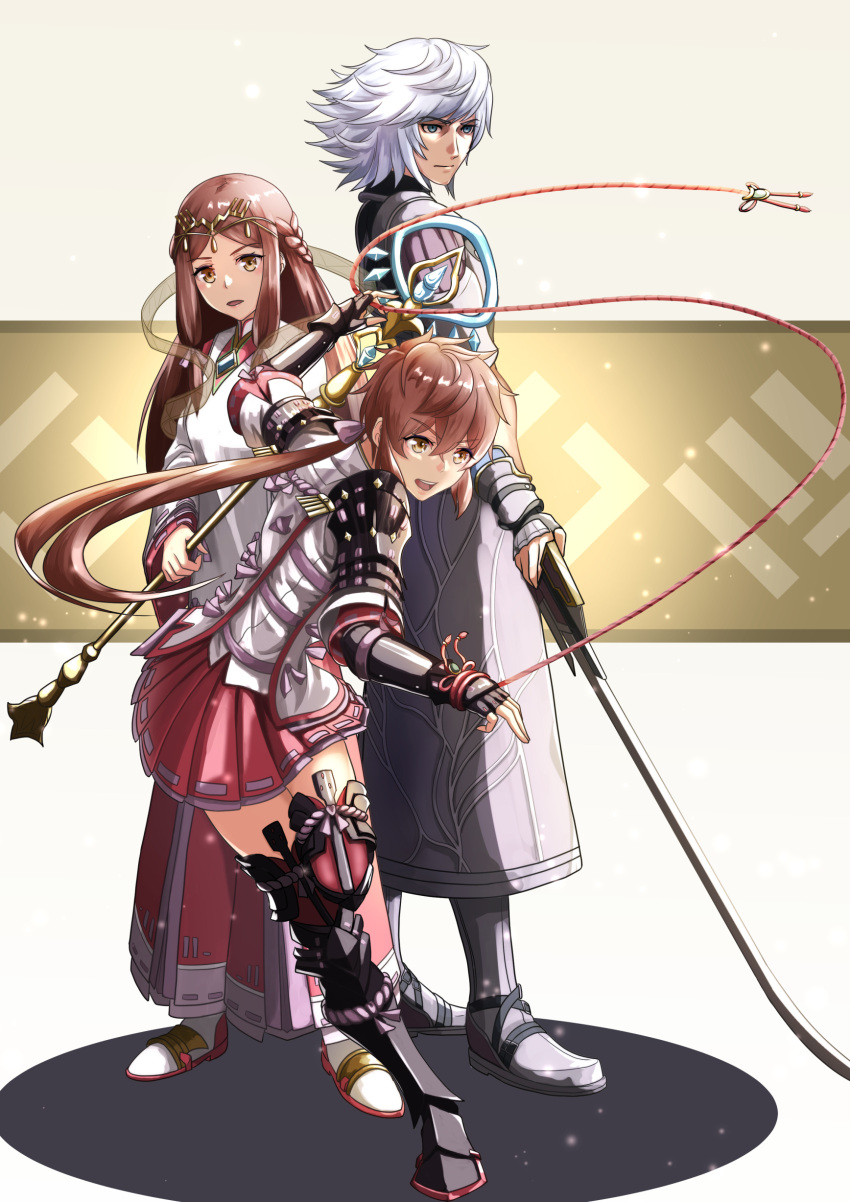 absurdres black_footwear boots brown_hair fan_la_norne full_body highres holding holding_staff holding_sword holding_weapon jin_(xenoblade) long_hair lora_(xenoblade) medium_hair miniskirt pleated_skirt red_skirt redhead rope short_hair skirt staff standing sukkirito_(rangusan) sword thigh-highs thigh_boots weapon white_background white_footwear white_hair xenoblade_chronicles_(series) xenoblade_chronicles_2 xenoblade_chronicles_2:_torna_-_the_golden_country yellow_eyes