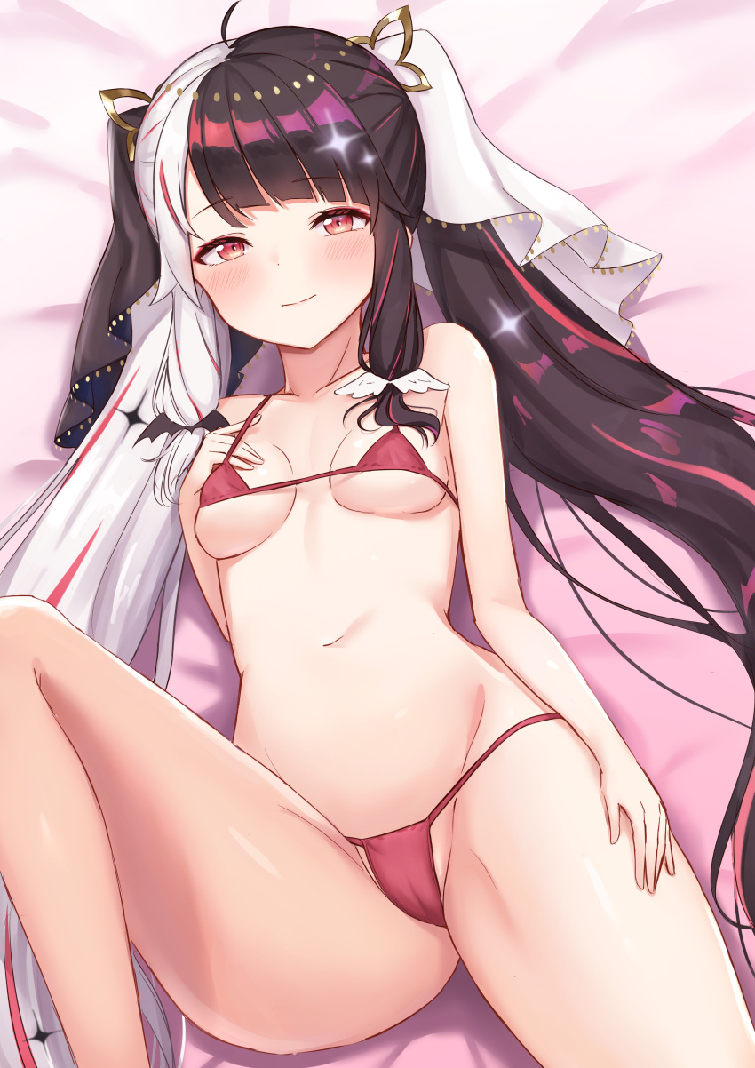 1girl absurdres ahoge bangs bare_arms bare_legs bare_shoulders bed_sheet bikini black_hair blush breasts closed_mouth collarbone eyebrows_visible_through_hair feet_out_of_frame groin highres knee_up long_hair looking_at_viewer lying medium_breasts micro_bikini multicolored_hair navel nijisanji on_back red_bikini red_eyes redhead silver_hair smile solo streaked_hair swimsuit twintails two-tone_hair very_long_hair virtual_youtuber yorumi_rena yotsugi