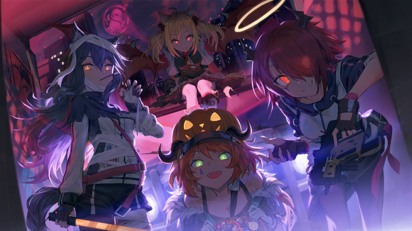 4girls animal_ears arknights bandaged_hand bandaged_head bandages bare_shoulders black_gloves black_hair blonde_hair boots breasts bucket candy city croissant_(arknights) demon_wings ecien exusiai_(arknights) fingerless_gloves fog food food_in_mouth fox_ears gloves green_eyes gun halloween halloween_bucket halo hand_up holding holding_bucket holding_gun holding_sword holding_weapon horns jack-o'-lantern long_hair looking_at_viewer multiple_girls open_mouth orange_eyes orange_hair pantyhose penguin_logistics_(arknights) pocky red_eyes redhead short_hair shorts sitting smile sora_(arknights) sword tail texas_(arknights) twintails visor_cap weapon wings wolf_ears wolf_tail
