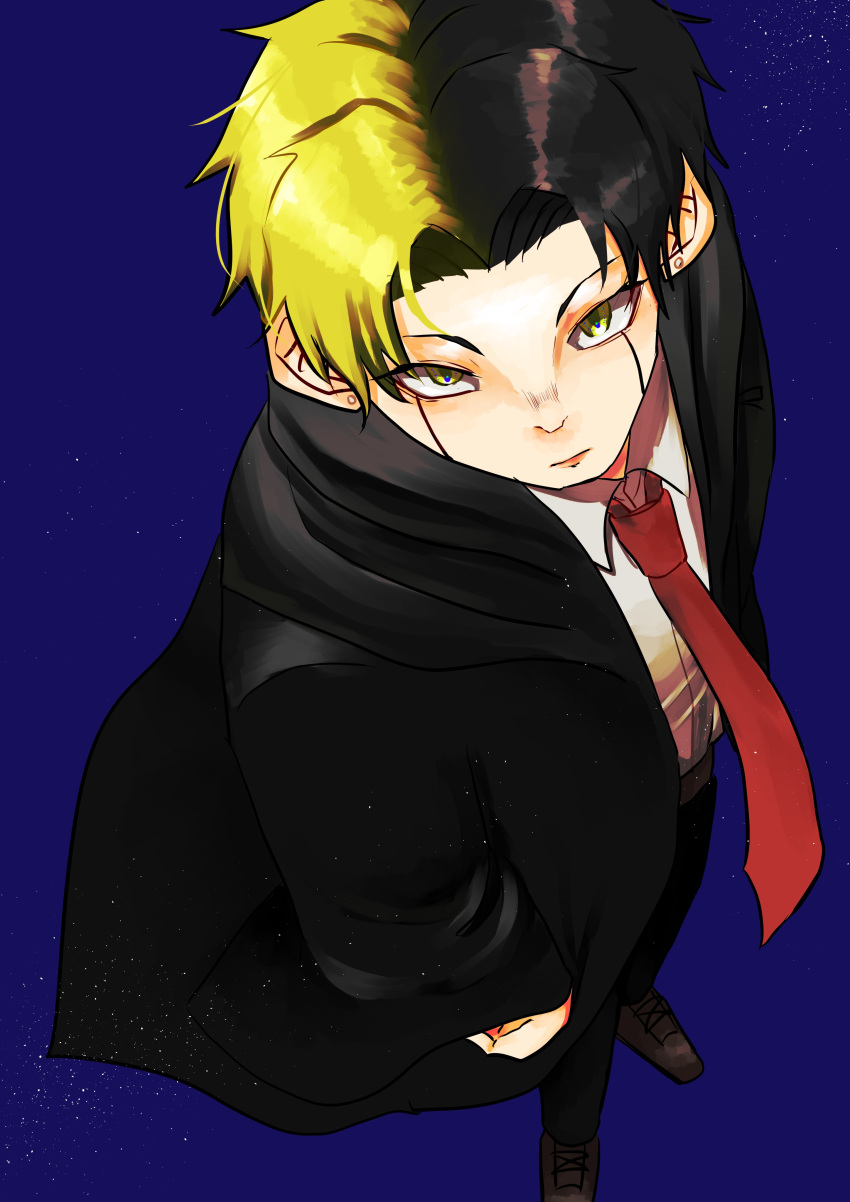1boy absurdres arm_at_side black_pants blue_background brown_footwear from_above highres kamu_(pixiv47170316) looking_at_viewer male_focus mashle multicolored_hair necktie pants rayne_ames red_neckwear scar scar_on_face school_uniform simple_background standing two-tone_hair yellow_eyes