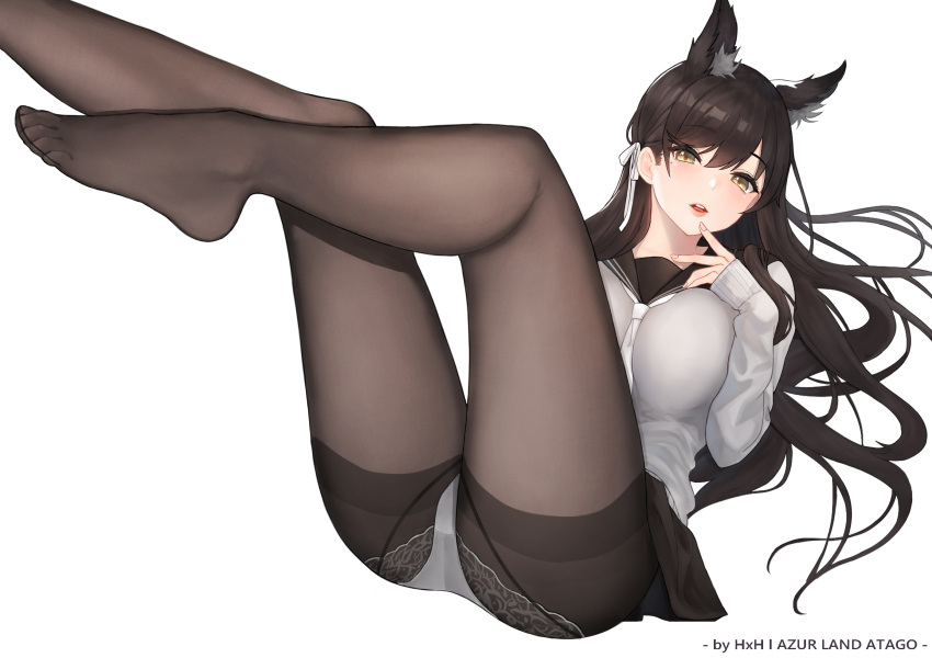 1girl ahawood animal_ears artist_name ass atago_(azur_lane) atago_(school_daydream)_(azur_lane) azur_lane black_hair black_legwear black_sailor_collar black_serafuku black_skirt bow cardigan commentary_request extra_ears highres lace-trimmed_panties lace_trim long_hair looking_at_viewer no_shoes panties panties_under_pantyhose pantyhose revision ribbon sailor_collar school_uniform serafuku simple_background skirt solo thighband_pantyhose underwear white_background white_bow white_cardigan white_neckwear white_ribbon yellow_eyes