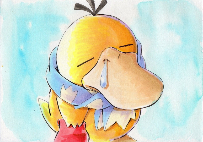 blue_scarf closed_eyes clothed_pokemon cold commentary_request gen_1_pokemon holding iwane_masaaki no_humans pokemon pokemon_(creature) psyduck scarf snot solo