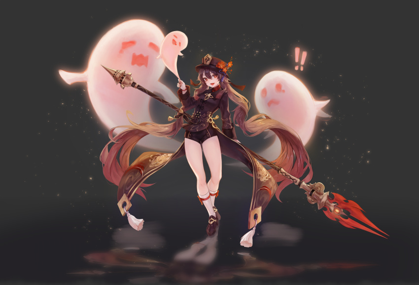 !! 1girl absurdres black_shorts brown_hair closed_eyes commentary_request flower full_body genshin_impact ghost half-closed_eyes hat highres hiki_niito holding holding_weapon hu_tao legs long_sleeves open_mouth polearm red_eyes short_shorts shorts smile socks solo symbol-shaped_pupils tailcoat thighs wavy_mouth weapon