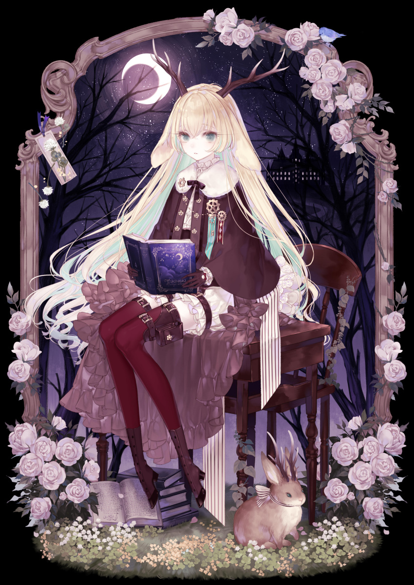 1girl absurdres animal animare antlers bangs black_gloves blonde_hair book boots chair character_request check_copyright copyright_request crescent_moon flower full_body gloves grey_eyes highres leaf long_hair looking_at_viewer moon open_book parted_lips rose sitting sitting_on_table solo table thigh-highs very_long_hair virtual_youtuber white_flower white_rose yellow_flower yoggi_(stretchmen)