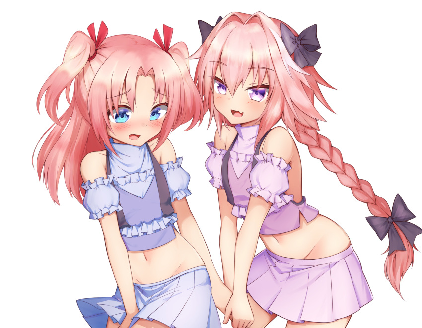 2boys :d absurdres arikawa_hime astolfo_(fate) black_bow blue_eyes blue_shirt blue_skirt blush bow braid commission crossdressinging detached_sleeves fang fate/apocrypha fate_(series) groin hair_between_eyes hair_bow hair_ribbon highres himegoto holding_hands klaius looking_at_viewer male_focus miniskirt multiple_boys navel open_mouth otoko_no_ko pink_hair pleated_skirt puffy_detached_sleeves puffy_short_sleeves puffy_sleeves purple_shirt purple_skirt ribbon shirt short_sleeves simple_background single_braid skin_fang skirt smile two_side_up violet_eyes white_background