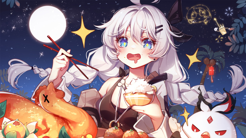 +_+ 1girl ahoge ai_xiao_meng bangs black_dress blue_eyes blush bowl braid chopsticks coconut_tree commentary_request dress eating food full_moon hair_ornament hair_ribbon hand_up holding holding_bowl holding_chopsticks honkai_(series) honkai_impact_3rd jacket jewelry kiana_kaslana long_sleeves moon mouth_drool night night_sky off_shoulder open_clothes open_jacket open_mouth palm_tree pendant ribbon rice rice_bowl sky sleeveless sleeveless_dress solo tree turkey_(food) twin_braids twintails white_hair white_jacket