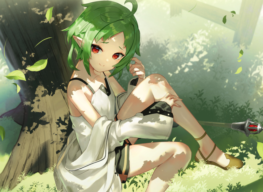 1girl ahoge closed_mouth collarbone dappled_sunlight dress elf falling_leaves flat_chest foot_out_of_frame from_above green_hair head_tilt highres knee_up leaf looking_at_viewer mushoku_tensei off_shoulder outdoors pointy_ears red_eyes short_hair sitting smile solo staff sukocchi sunlight sylphiette_(mushoku_tensei) tree white_dress white_robe