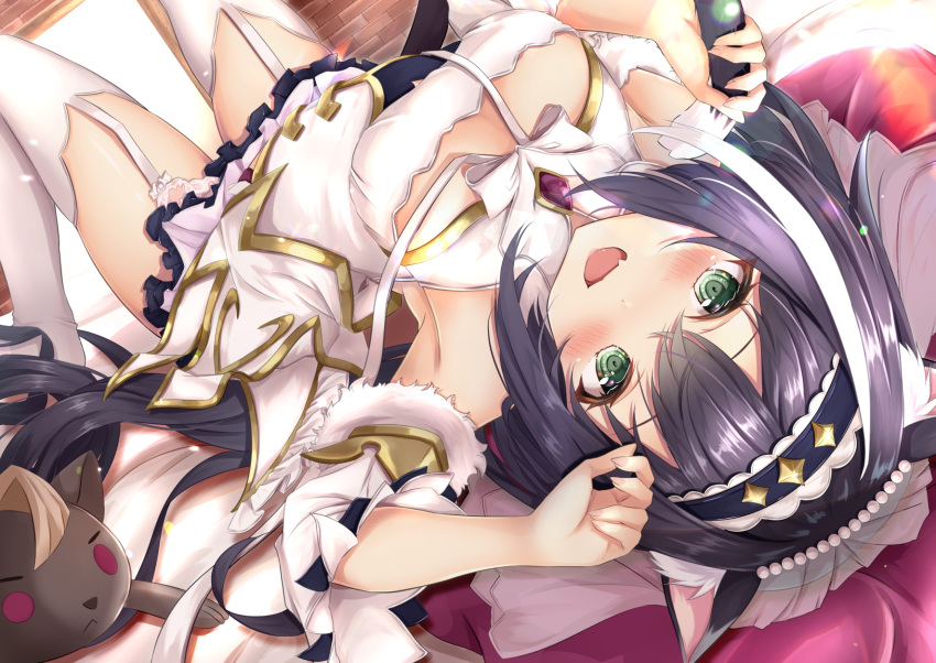1girl :d animal_ear_fluff animal_ears arm_up bangs black_hair black_tail blush breasts cat_ears cat_girl cat_tail cleavage_cutout clothing_cutout commentary_request detached_sleeves dress fang fingernails fur-trimmed_sleeves fur_trim garter_straps gold_trim green_eyes hairband hand_up highres holding_own_tail karyl_(princess_connect!) knees_up long_hair looking_at_viewer lying medium_breasts on_back on_bed open_mouth pillow princess_connect! princess_connect!_re:dive rumiko_(rmeco) sidelocks skin_fang smile solo stuffed_animal stuffed_toy tail thigh-highs twintails upside-down very_long_hair white_dress white_legwear