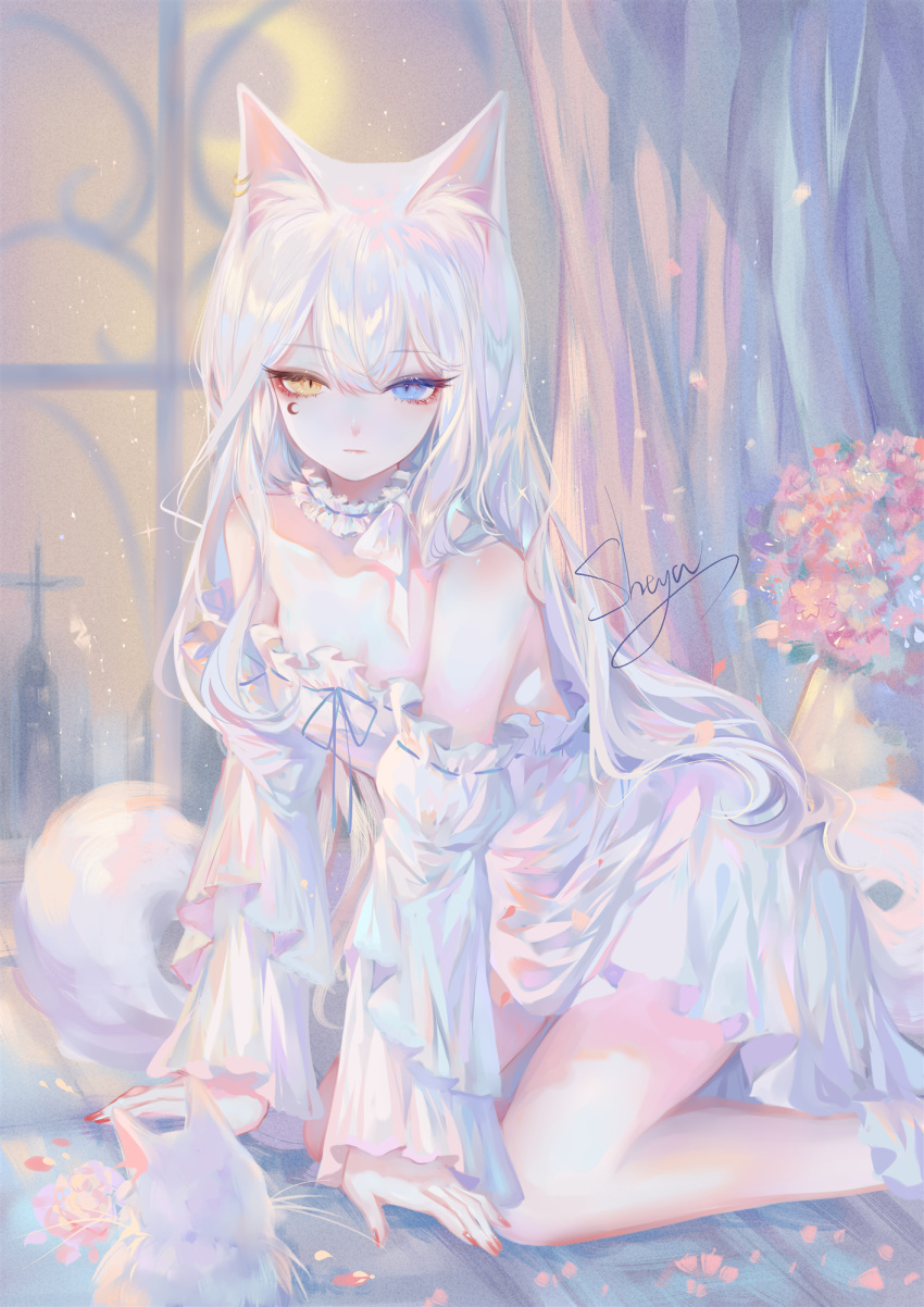 1girl animal_ears arm_support artist_name bare_shoulders blue_eyes cat cat_ears dress heterochromia highres indoors kneeling long_hair long_sleeves off-shoulder_dress off_shoulder original sheya signature silver_hair solo white_cat white_dress yellow_eyes