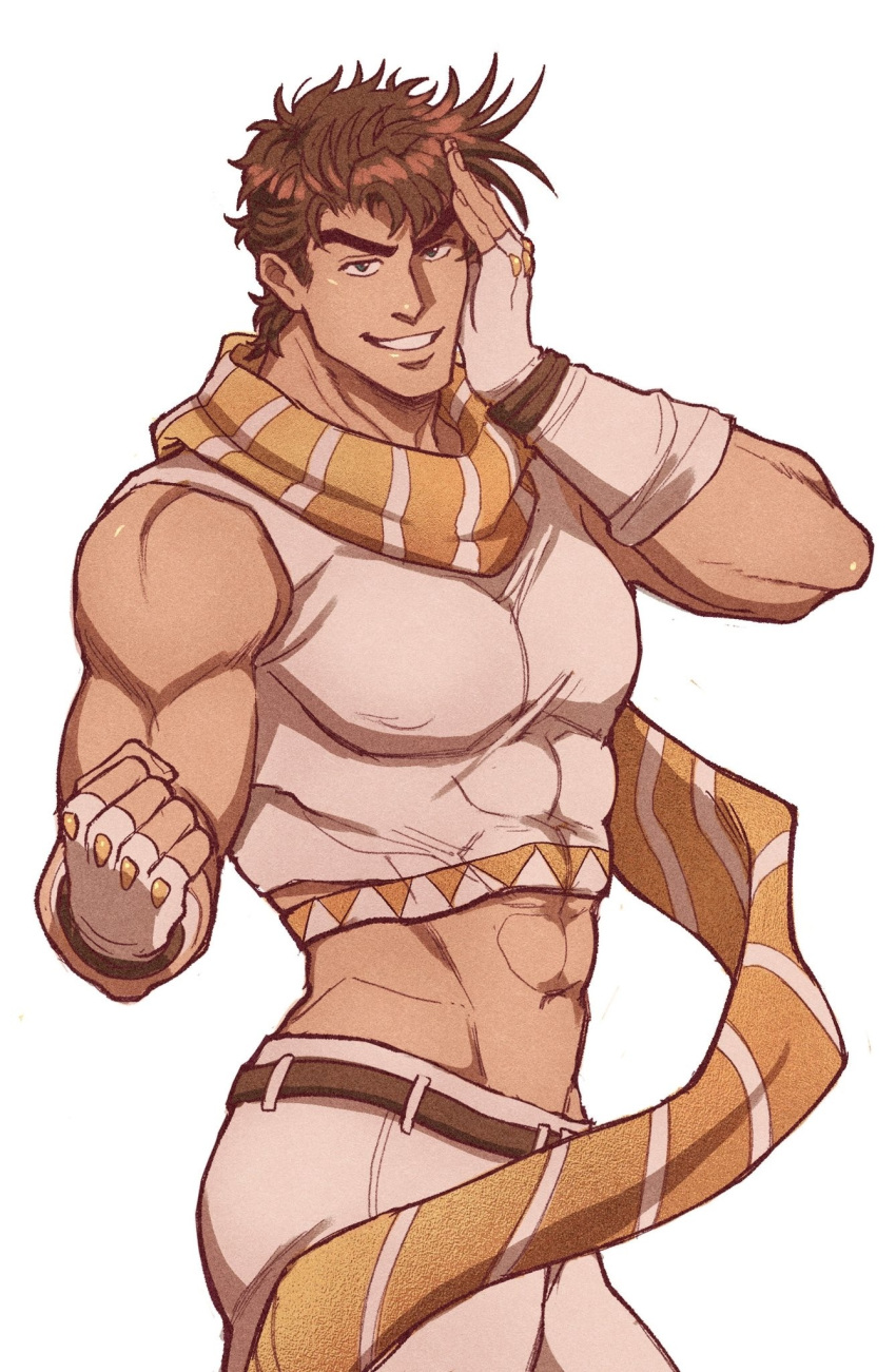 1boy abs alternate_color bare_shoulders battle_tendency belt brown_hair catneylang clenched_hand commentary covered_abs covered_nipples cowboy_shot crop_top english_commentary film_grain fingerless_gloves gloves green_eyes grin hand_on_own_face highres jojo_no_kimyou_na_bouken joseph_joestar_(young) looking_at_viewer male_focus midriff multiple_sources muscular muscular_male navel pants scarf short_hair simple_background smile solo stomach striped striped_scarf symbol_commentary tank_top taut_clothes white_background white_gloves white_pants white_tank_top yellow_scarf