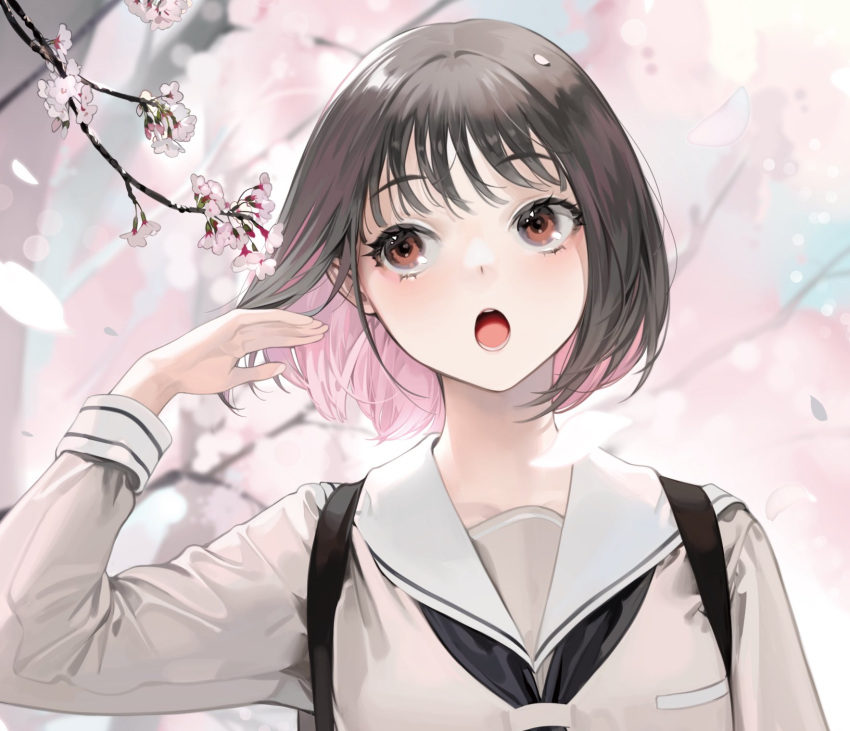 1girl backpack bag black_hair blush branch cherry_blossoms colored_inner_hair commentary eyebrows_visible_through_hair eyelashes flower grey_jacket hand_in_hair highres jacket long_sleeves looking_to_the_side multicolored_hair ohisashiburi open_mouth original petals pink_hair red_eyes sailor_collar school_uniform serafuku short_hair solo upper_body