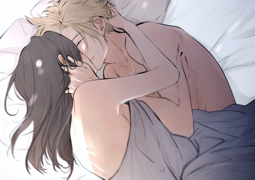 1boy 1girl bangs bare_shoulders bed_sheet black_hair blanket blonde_hair blush closed_eyes cloud_strife collarbone commentary couple final_fantasy final_fantasy_vii from_side hand_in_hair hetero highres khaw_(cloudstdontcare) kiss light long_hair lying nude on_side pillow short_hair smile symbol_commentary tifa_lockhart upper_body