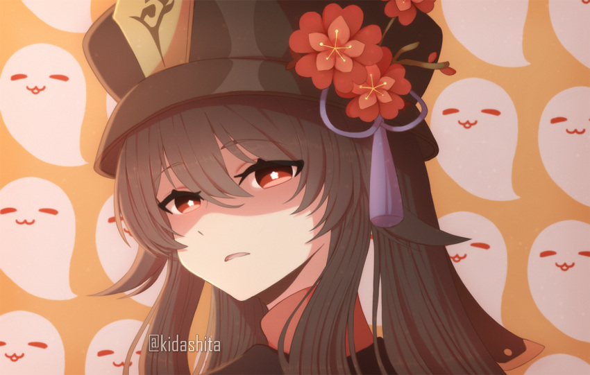 1girl artist_name bangs eyebrows_visible_through_hair flower genshin_impact ghost hair_between_eyes hat hat_ornament hu_tao kidashita long_hair looking_at_viewer parted_lips red_eyes solo