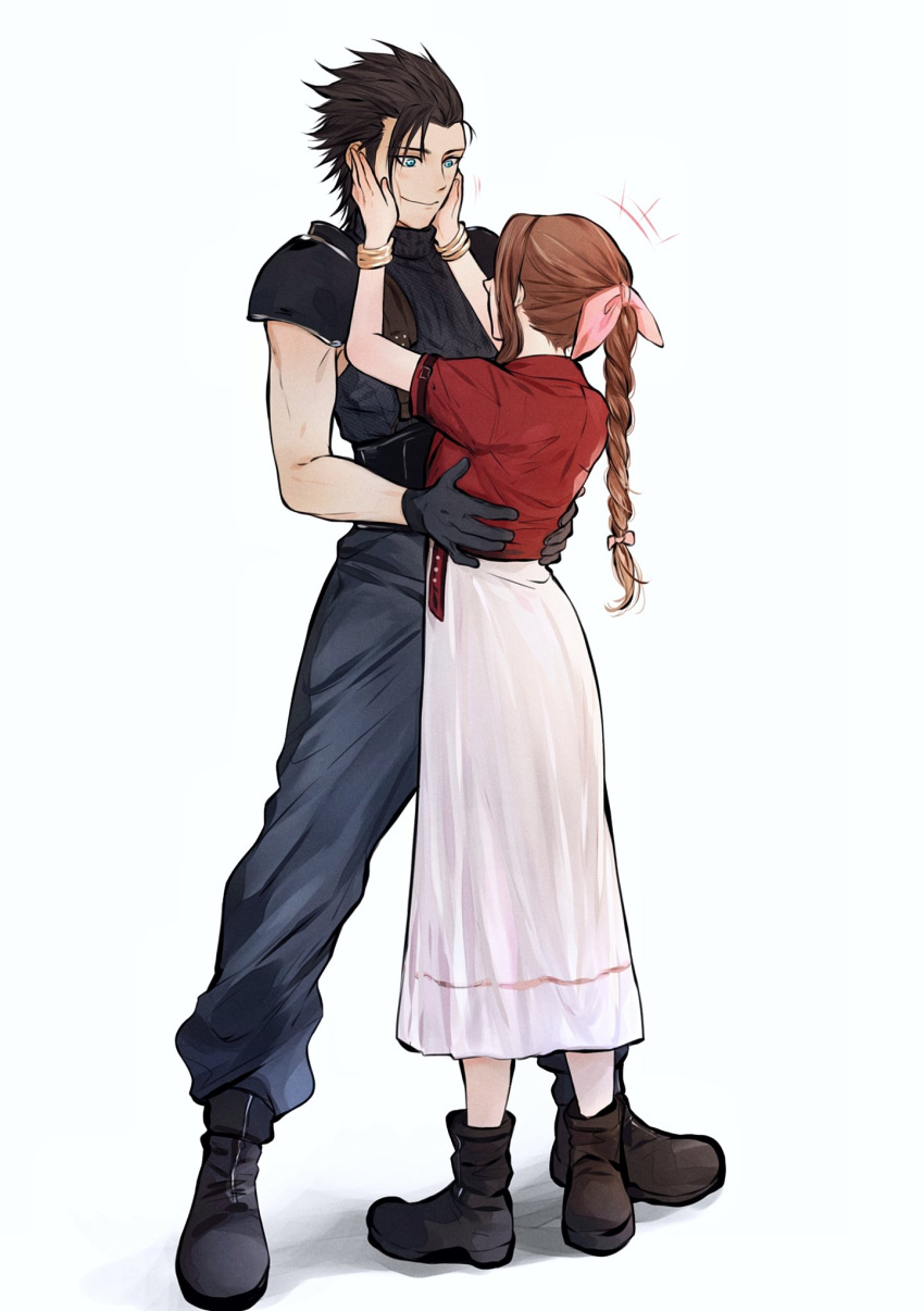 1boy 1girl aerith_gainsborough arms_up black_footwear black_hair blue_eyes bow bracelet braid brown_footwear brown_hair commentary cropped_jacket dress final_fantasy final_fantasy_vii from_behind full_body gloves hair_bow hands_on_another's_waist highres jacket jewelry khaw_(cloudstdontcare) legs_apart long_dress long_hair looking_at_another looking_down pink_bow pink_dress red_jacket shoes shoulder_pads smile standing symbol_commentary zack_fair