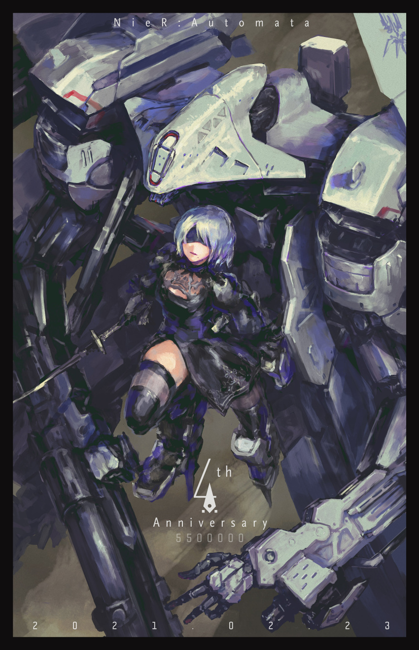 1girl absurdres anniversary blindfold breasts cleavage_cutout clothing_cutout copyright_name dated flight_unit_ho229 gun highres holding holding_gun holding_sword holding_weapon katana looking_up mecha medium_breasts mole mole_under_mouth nier_(series) nier_automata open_hand open_mouth science_fiction sword thigh-highs weapon white_hair yorha_no._2_type_b yutori_(clockwork_chicken)