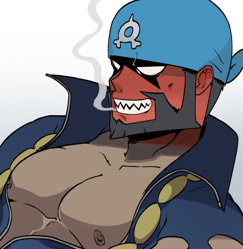 1boy archie_(pokemon) bandana beard black_hair blue_bandana blush collarbone commentary commentary_request dark_skin dark_skinned_male facial_hair full-face_blush highres jewelry male_focus necklace nipples pectorals pokemon pokemon_(game) pokemon_oras saury_dog sharp_teeth smile solo steam team_aqua teeth upper_body