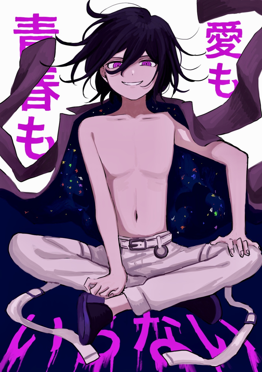 1boy belt black_hair collarbone commentary_request copyright_name dangan_ronpa_(series) dangan_ronpa_v3:_killing_harmony grin hair_between_eyes highres indian_style jacket jacket_on_shoulders looking_at_viewer male_focus messy_hair navel ouma_kokichi pants pink_blood pink_eyes renshu_usodayo shirtless shoes short_hair simple_background sitting smile solo stomach teeth translation_request violet_eyes white_belt