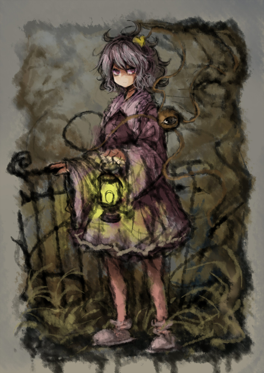 1girl 2b-ge closed_mouth collared_shirt eyeball fence frills full_body grass hair_ornament heart heart_hair_ornament highres holding holding_lamp komeiji_satori lamp long_sleeves looking_at_viewer miniskirt outdoors pink_eyes pink_hair pink_skirt purple_vest shirt short_hair skirt sleeves_past_wrists slippers solo standing third_eye touhou vest wavy_hair wide_sleeves